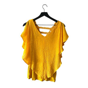 BCX Yellow Crochet Trim Flutter Sleeve Blouse Women’s Size M